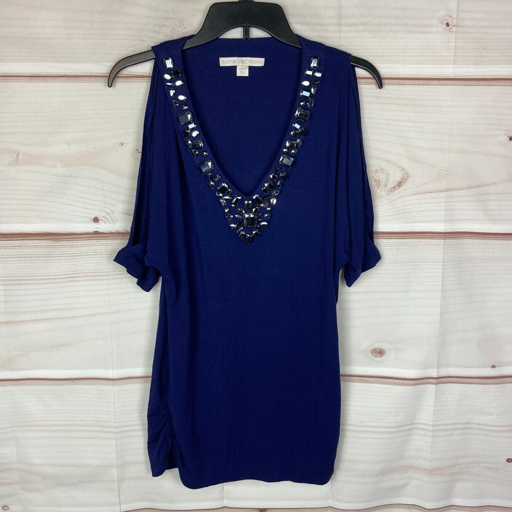 Boston Proper Top Womens XS Blue Jeweled Cold Shoulder Jersey Knit Tunic V-Neck